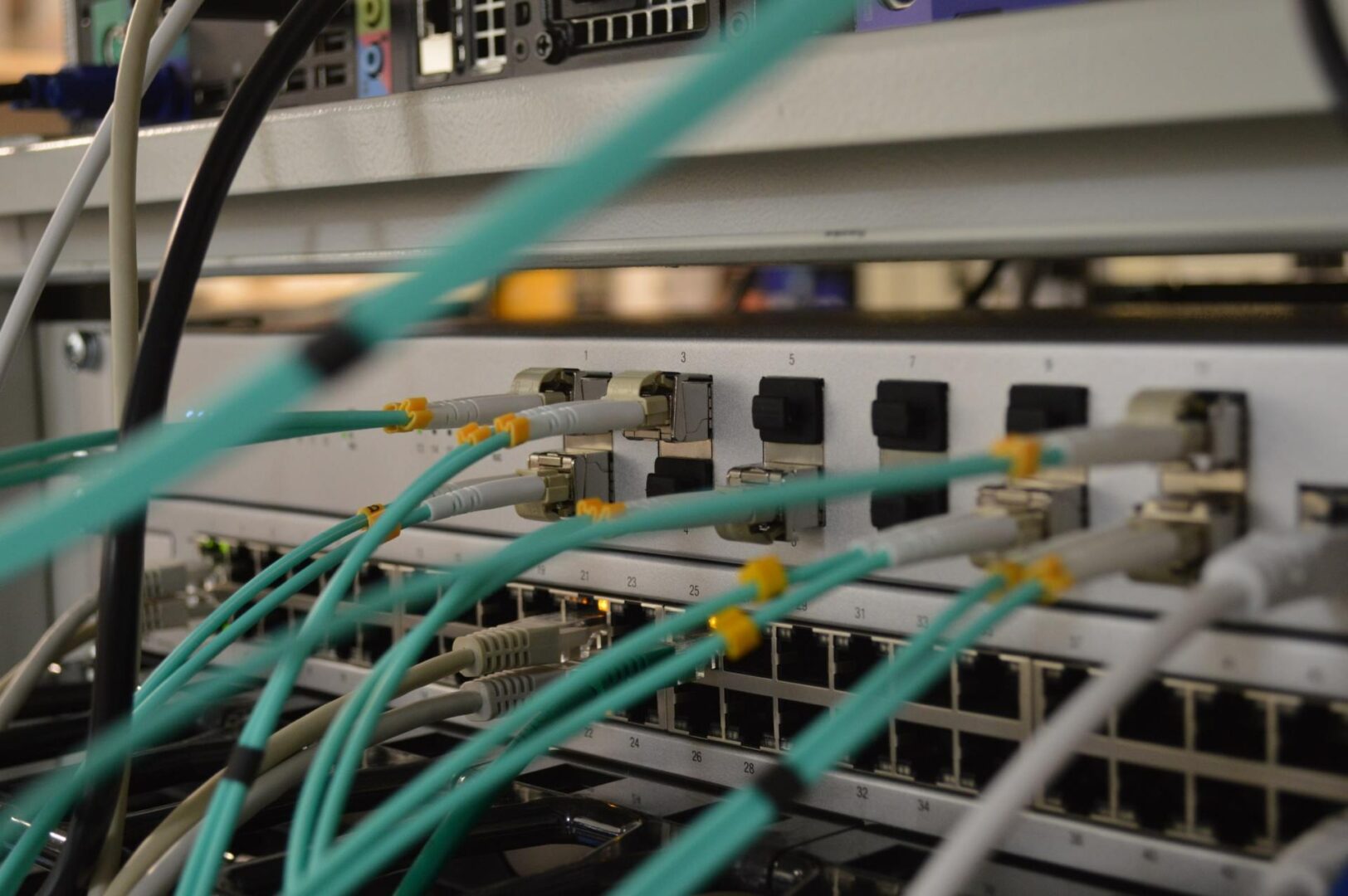 Network cables connected in network switches hub